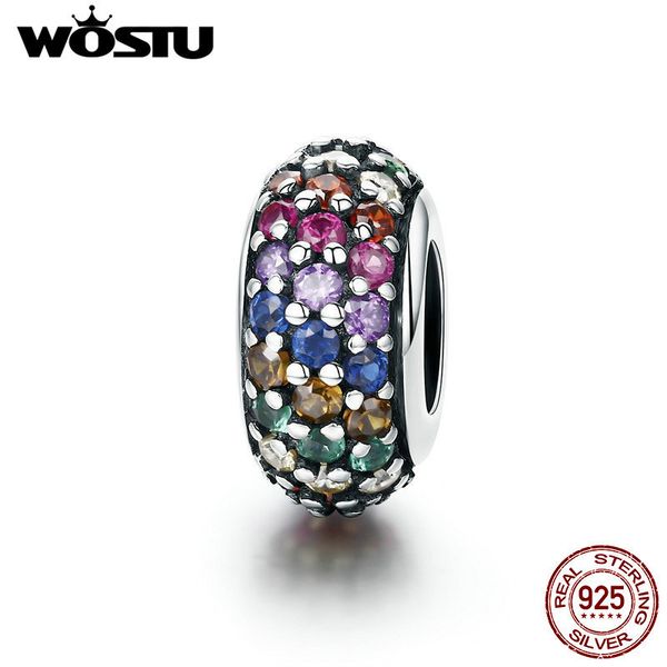 Wostu autêntico 925 esterlina prata colorido zircão cúbico pavimentar arco-íris espaçador grânulos para mulheres original charme pulseira CQC583 Q0531