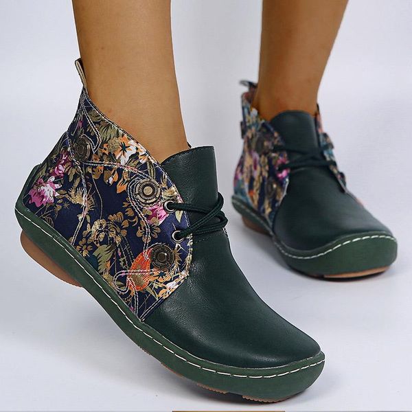 

boots women ankle casual plus size ladies non slip pu leather shoes flats sewing female shoe lace up floral, Black