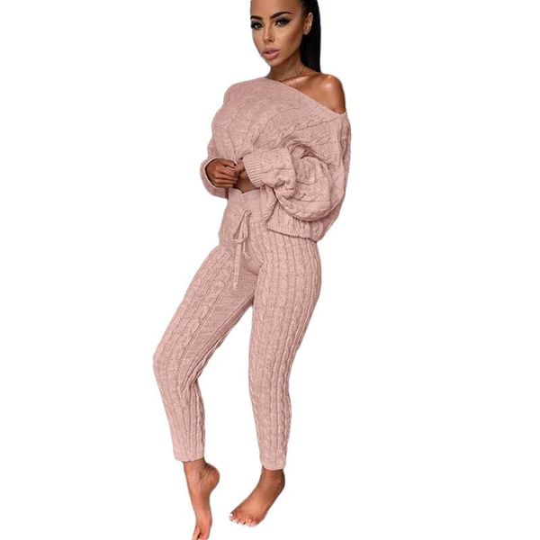 

women's two piece pants 2021 autumn winter round neck woolen trousers long sleeve sweater set tracksuit ethika women clothing leggings, White