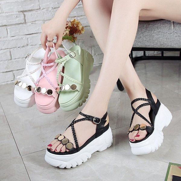 

sandals platform 2021 women wedge high heels shoes loop summer zapatos woman sandal, Black