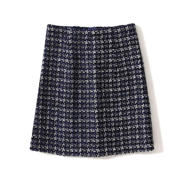 

skirts dark blue plaid tweed skirt 2021 spring / autumn women's ladies high waist slim wild bag hip a-line, Black
