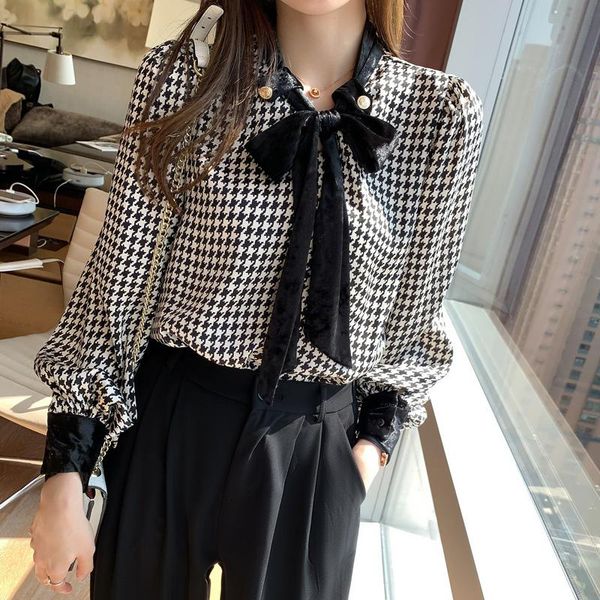 

women's blouses & shirts tingyili retro houndstooth printed bow-neck blouse women autumn winter long sleeve satin korean fashion ladies, White