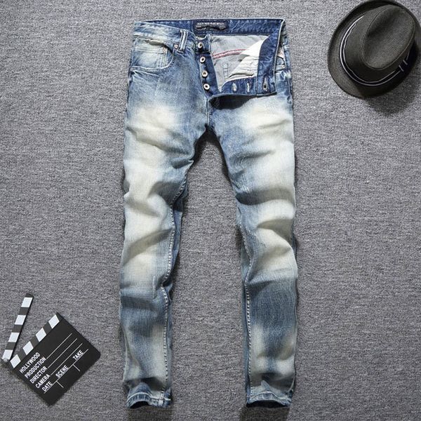 

2021 new italian vintage style fashion light blue slim fit elastic ripped men classical denim buttons pants hip hop jeans z7d2