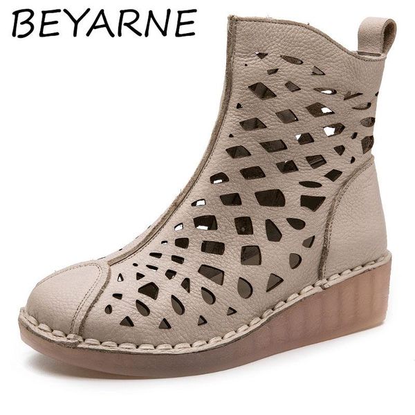 

beyarne summer women ankle boots handmade genuine leather hollow out sandals women's shoes wedges soft bottom women boots, Black