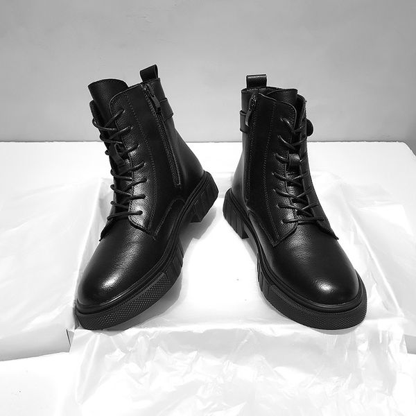 

head leather martin boots women's autumn winter 2021 british style round head flat bottom short side zipper, Black