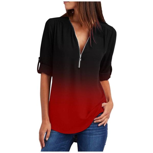 

women's blouses & shirts women gradient printing cuffed pleated zip up blouse long sleeve v neck female work wear clothing, White