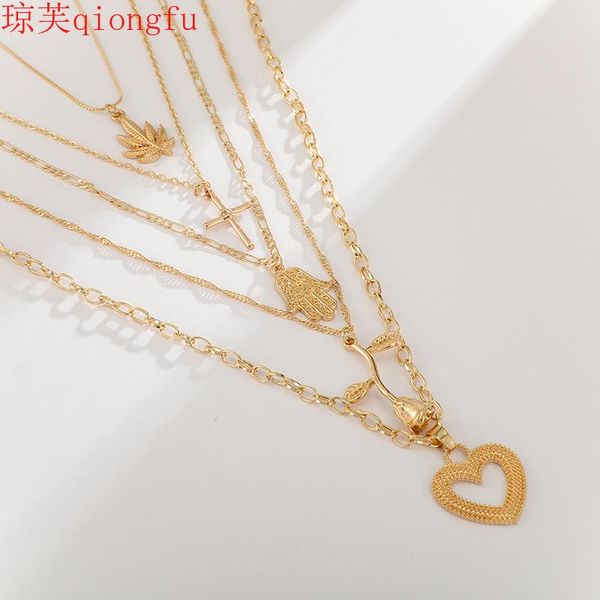 

pendant necklaces qiongfu 2021 rose gold multi-layer women's necklace cross palm love combination for women, Silver