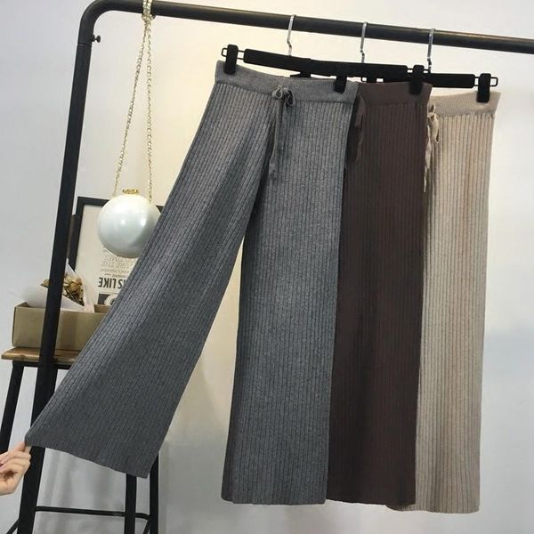 

women's pants & capris pantalones de mujer autumn thick elastic high-waist grey knitted wide-leg wild casual retro black drawstring dro, Black;white