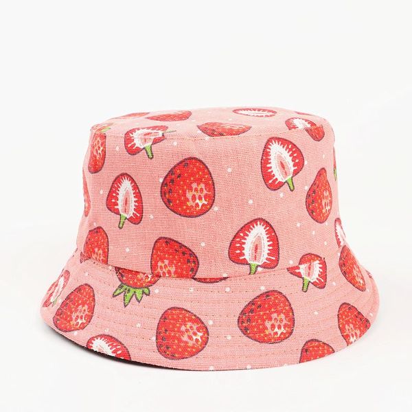 

wide brim hats 2021 fashion style cotton strawberry print bucket hat fisherman outdoor travel sun cap for women, Blue;gray