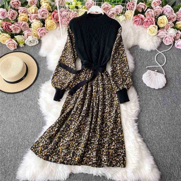 

women vintage sweater dress spring autumn lantern sleeve slim a line floral es ladies elegant knitted vestidos 210525, Black;gray