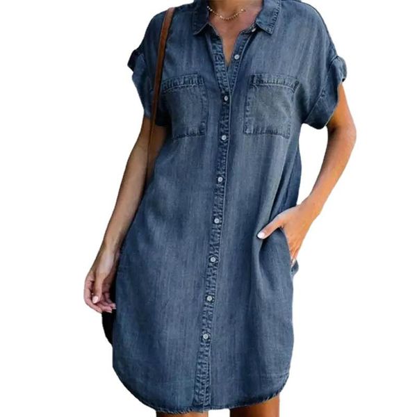 

party dresses women's clothes denim o-neck short-sleeved button loose dress pocket casual solid color fashion plus size vestidos mujer, White;black
