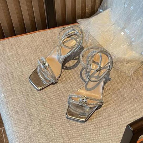 

2021 summer fashion women silver high heels prom sandals rhinestone square toe cross-tied pencil heels sandals trend lady shoes, Black