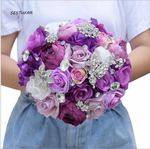 

wedding flowers bouquet flower artificial rose ribbon crystal bouquets handmade classic bridal bridesmaid sph025