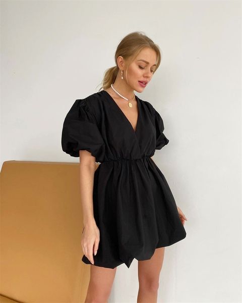 

fashion casual short dresses women lantern sleeve v-neck black dress summer elegant pleated a-line dress ladies, Black;gray
