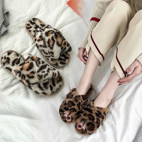 

winter women indoor slippers warm shoes leopard slides cozy slip on flats shoes open toe female, Black