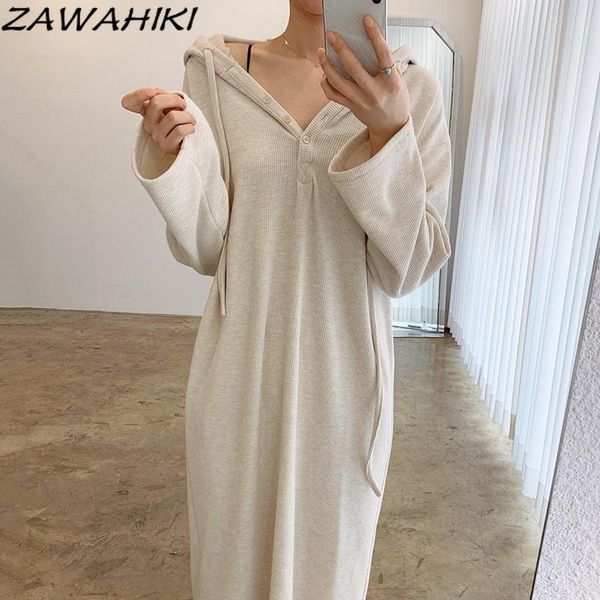 

casual dresses zawahiki spring autumn simple small breasted design loose solid all-match hedging hooded dress long sleeve femme robe, Black;gray