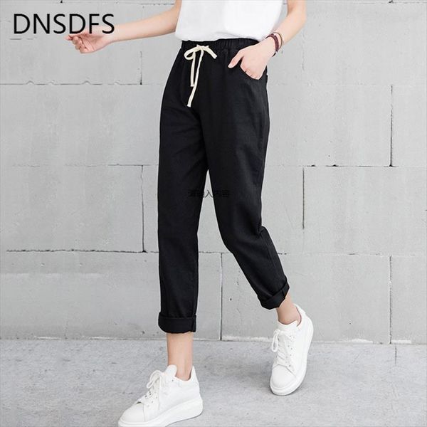 

casual harajuku spring autumn women capris big size long trousers solid elastic waist linen pants ankle length haren, Black;white