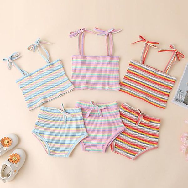 

clothing sets baby girl's 2pcs toddler summer tracksuit stripe tied spaghetti straps vest + high-waist pantie suit for girls, 0-18 mont, White