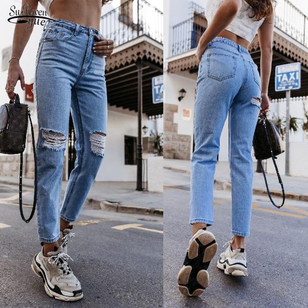 

women's jeans vintage hole washed straight pants 2021 autumn fashion denim women casual high waist trousers 18063, Blue