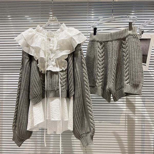 

women's tracksuits seebeautiful two pieces stitching coarse knitted loose sweater elastic waist shorts set women winter 2021 fashion g9, Gray