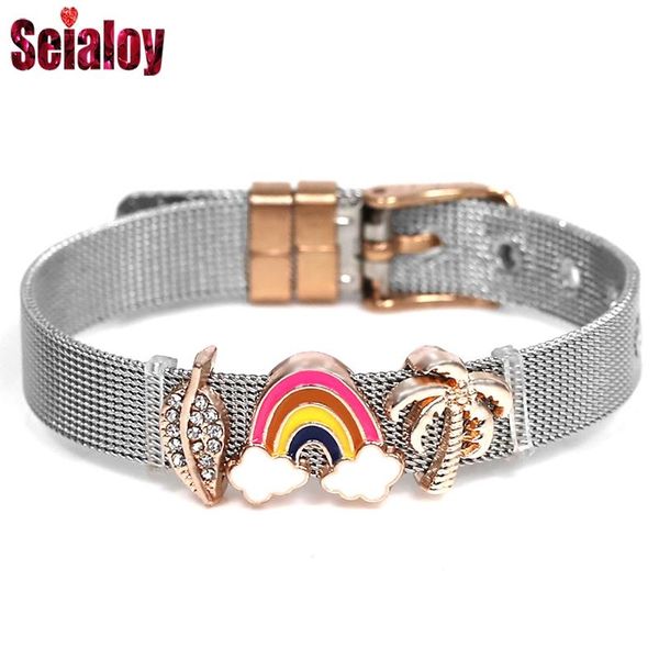 

charm bracelets two-color silver stainless steel mesh watch for women men rose gold leaves rainbow palm tree belt bangles, Golden;silver