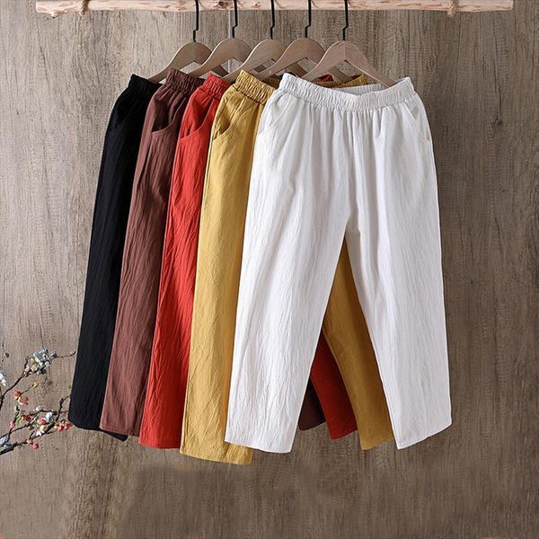 

spring summer cotton linen large women capris size trousers solid casual loose linens capri female harem, Black;white