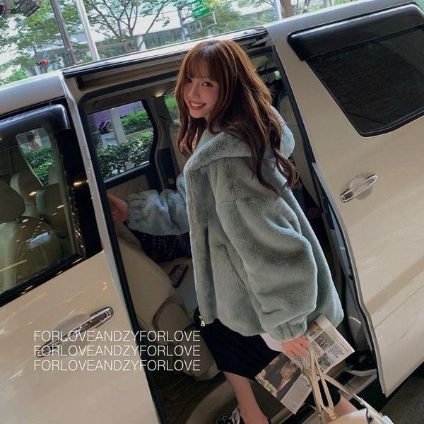 

women's fur & faux coat mink velvet 2021 hooded winter fashion plus cotton thickened imitation large size clothes, Black