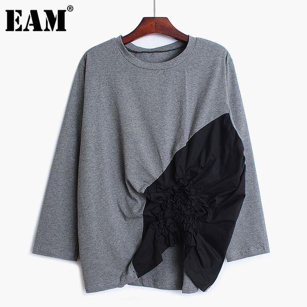 

[eam] women spliced pleated loose fit t-shirt new round neck long sleeve fashion tide all-match spring autumn 2021 1b351 210302, White