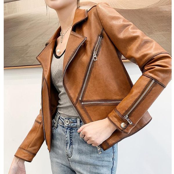 

women's jackets and autumn 2021 sheep leather motorcycle bomber female coat of cultivate morality, Black;brown