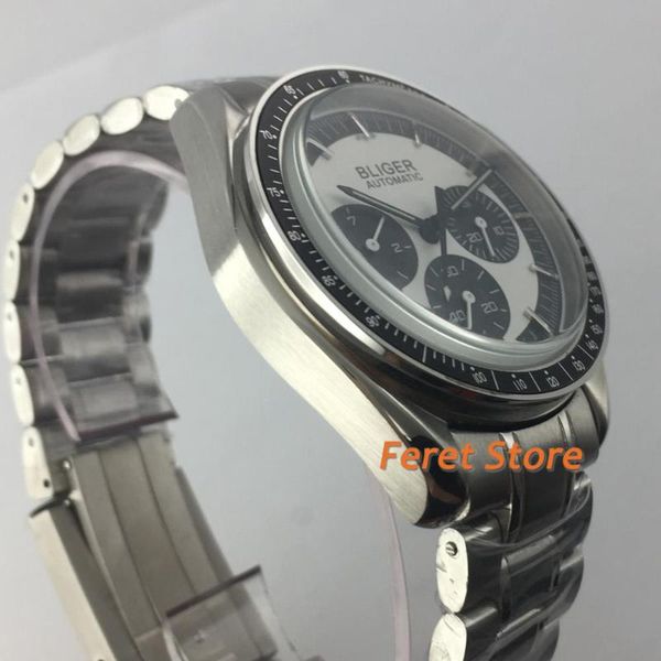 

wristwatches bliger 40mm men's luxury business watch silver case luminous sterile black dial waterproof stainless steel automatic, Slivery;brown