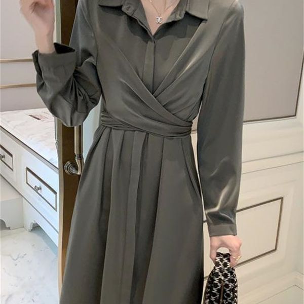 

2021 new female high-end waist long-sleeve wrap green satin shirt lads, Black;gray