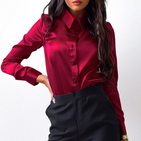 

2021 ol women's shirt satijn plate long mouwen work collar office blouse t shirts casual plus size s-2xl new, White