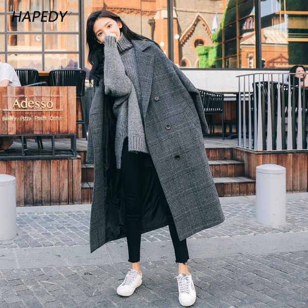 

women's wool & blends coat women plus size plaid feminino elegant long double breasted womens winter clothing for ladies korean fashion, Black