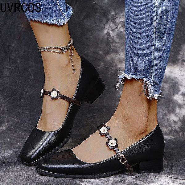 

2021 pumps ladies pu leather shoes floral belt ladies shoes elegant fashion new high quality, Black