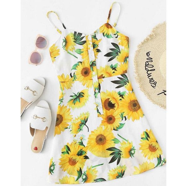 

women's swimwear women summer holiday strappy button floral print ladies beach cover-up mini swimming skirt swing sun dress, White;black