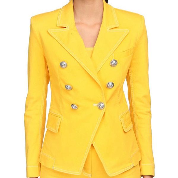 

new high street 2021 designer jacket women's lion buttons double breasted stitching contrast yellow denim blazer r5wv, White;black