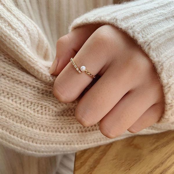 

cluster rings adjustable 925 sterling silver for women mini pearl thin ring minimalist gold/silver color fashion fine jewelry yri213, Golden;silver