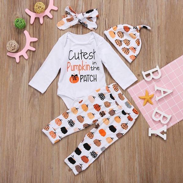 

3pcs halloween clothes cute infant baby girl boy pumpkin romper with hat and long pants outfits set, White
