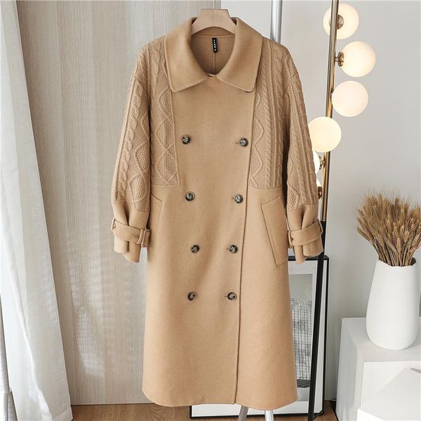 

women's wool & blends and winter 2021 fashion korean atmospheric knitted sleeves with double faced cashmere coat length f11291, Black