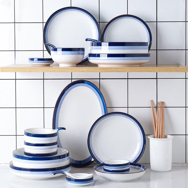 

dishes & plates nordic hand-painted gradient blue ceramic tableware household plate, bowl, dinner big soup bowl set
