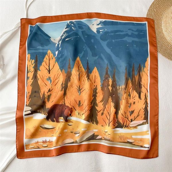 

scarves 2021 bear print silk shawl head wraps square scarf for women satin neckerchief female foulard hair bands headband bandana, Blue;gray