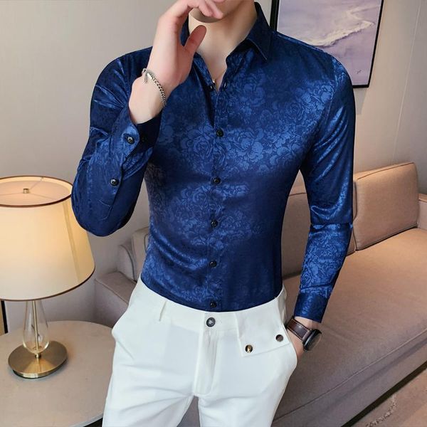 

men's casual shirts luxury printed shirt long sleeve slim fit business dress social party male clothes streetwear chemise homme, White;black