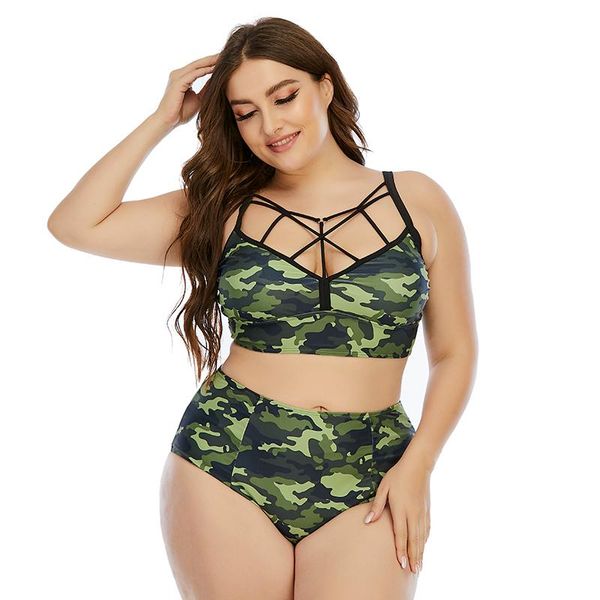 

camouflage print plus size tankini bikini set two piece swimsuit string bathing suit women high waist swimwear beach wear
