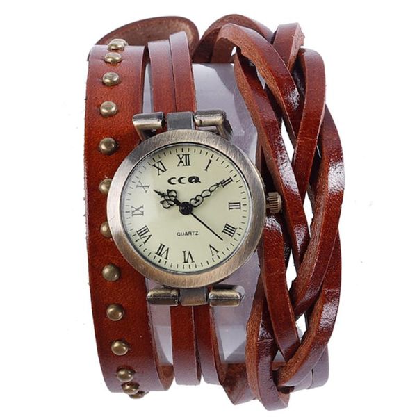 

wristwatches fashion women bracelet watch retro punk style rivet weave leather lady quartz wristwatch relogio feminino montre femme, Slivery;brown