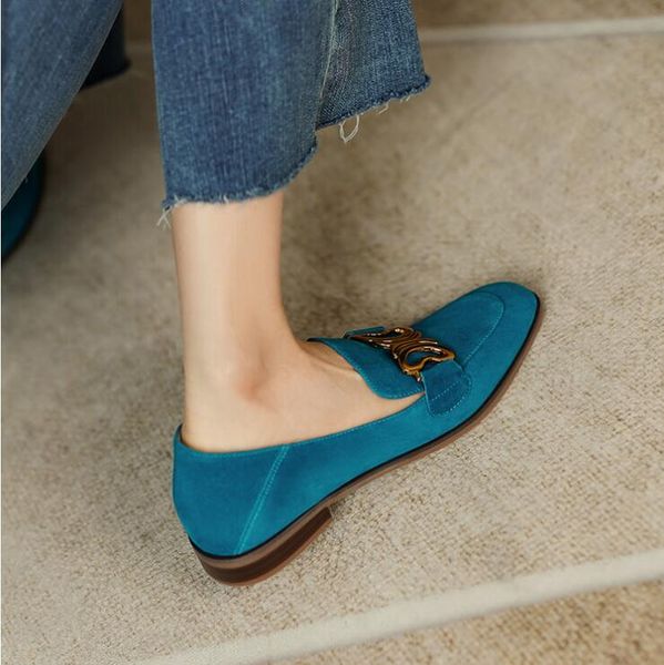 

sheepskin loafers flat heel womens square toe casual shoes lady dress shoes, Black