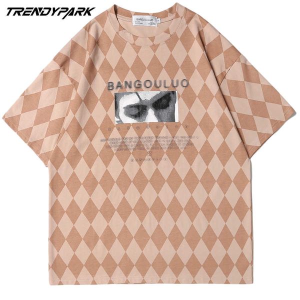 

men's t-shirt summer short sleeve diamond argyle hip hop oversize cotton casual harajuku streetwear tee clothing 210601, White;black