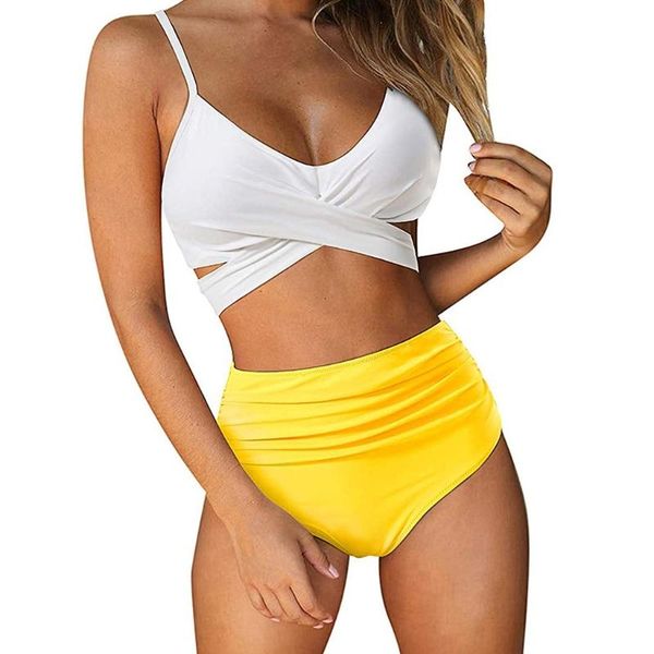 

women's swimwear womens 2 pieces bikini set ruched criss cross wrap tie back swimsuit high waist tummy control gradient colorful suit, White;black