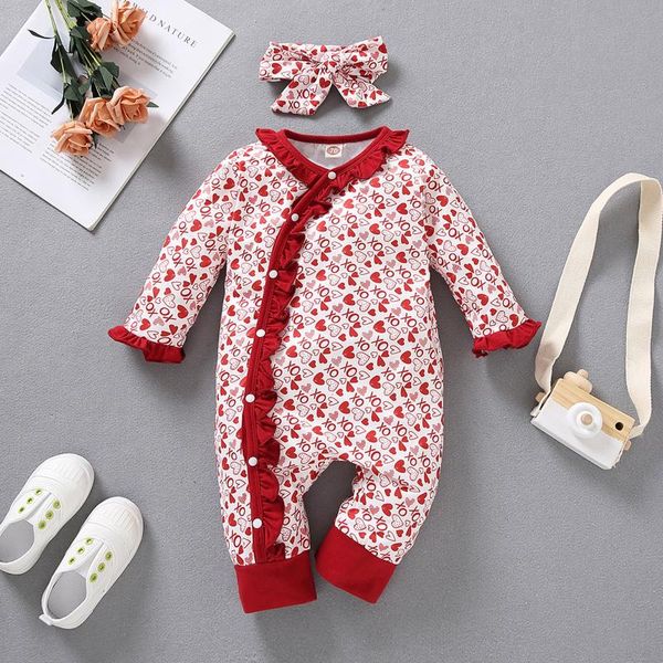 

jumpsuits infant overalls clothing baby clothes girls valentine's day hearts print ruffles romper jumpsuit+headbands for born, Blue