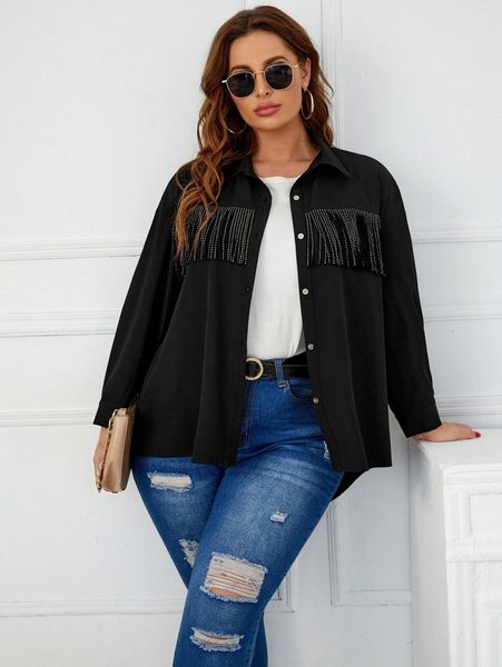 

plus drop shoulder rhinestone fringe trim blouse r2bx#, Black