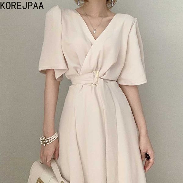 

korejpaa women dress korea chic summer elegant solid color v-neck belt design high waist lace trumpet sleeve long vestido 210526, Black;gray